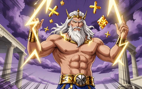 Anime-Zeus mit goldenen Blitzen und Multiplikator-Edelsteinen f&uuml;r Gates of Olympus Slot