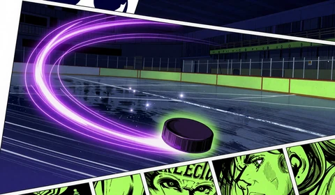 Anime-Eishockey-Puck mit neon-violettem Schweif f&uuml;r DEL und NHL Wetten