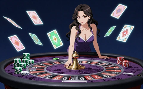 Anime-Live-Casino Studio mit Dealerin und Roulette-Tisch bei Irwin Casino