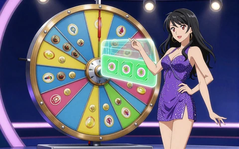 Anime-Game-Show Studio mit Moderatorin und Money-Wheel f&uuml;r Evolution Crazy Time