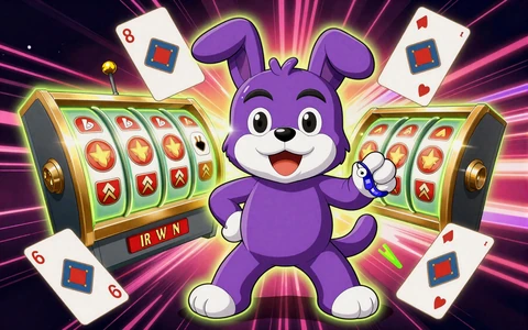 Irwin Maskottchen mit Slot-Walzen und Karten f&uuml;r Casino-Spielebereich