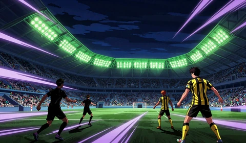 Anime-Bundesliga Stadion bei Nacht mit neon-gr&uuml;nen Flutlichtern f&uuml;r Fu&szlig;ball Wetten