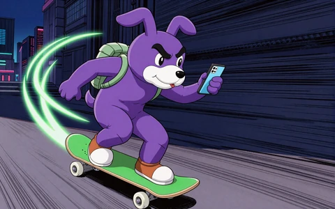 Irwin auf Skateboard mit Smartphone als Symbol f&uuml;r mobiles Spielen unterwegs