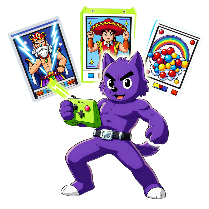 Irwin Maskottchen mit Arcade-Controller und Slot-Thumbnails von Gates of Olympus, Wild Bandito und Sugar Rush