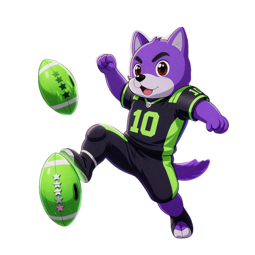 Irwin Maskottchen violetter Anime-Hund im Fu&szlig;ball-Trikot mit neon-gr&uuml;nem Power-Up Gl&uuml;hen f&uuml;r Sportwetten
