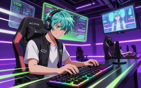 Anime-Esports Arena mit neon-violetten Hologrammen f&uuml;r CS2 und Dota 2 Wetten