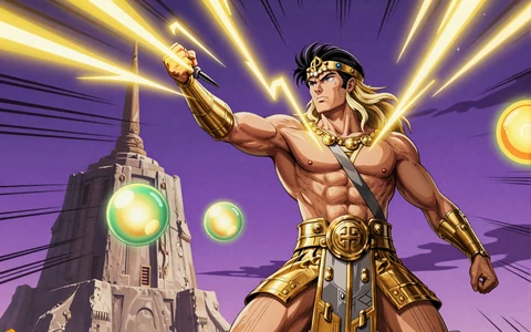 Anime-Zeus mit goldenen Blitzen f&uuml;r Gates of Olympus Slot bei Irwin Casino