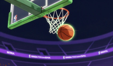 Anime-Basketball beim Slam Dunk durch neon-gr&uuml;nen Korb f&uuml;r NBA-Wetten