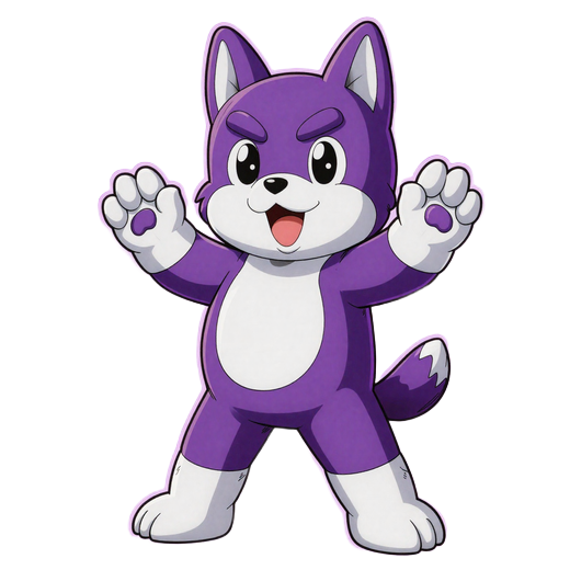 Irwin Maskottchen violetter Anime-Hund in Power-Up Pose mit neon-violettem Heldengl&uuml;hen