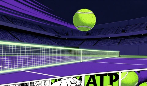 Anime-Tennisball mit neon-violettem Schweif &uuml;ber Court f&uuml;r ATP-Wetten bei Irwin
