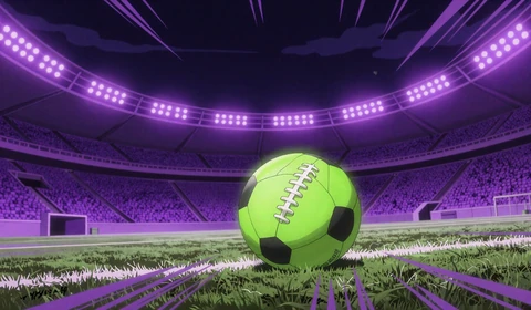 Anime-Fu&szlig;ball mit neon-violetten Flutlichtern f&uuml;r Bundesliga Wetten bei Irwin